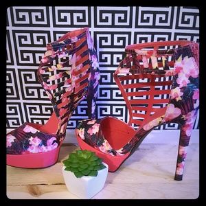Fuchsia Floral Print Platform Heels